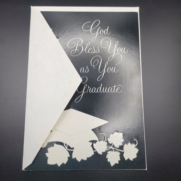 Evie Quaries Vintage Graduation Card Embossed Leaf Cap Christian Greeting - Picture 5 of 5